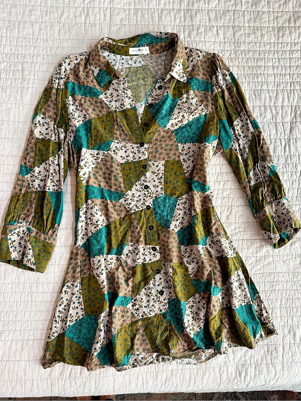 Natural Life Patchwork Mini Dress in Green & Brown Size Large